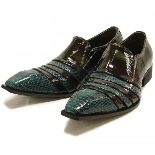 Fiesso Blue / Black Genuine Cobra Snake Skin & Wrinkle Leather Pointed Toe Shoes FI8177